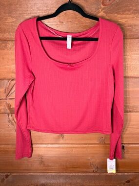 Auden Raspberry Red Ribbed Long-Sleeve Scoop Neck Pajama Top Size Large 💕❤️